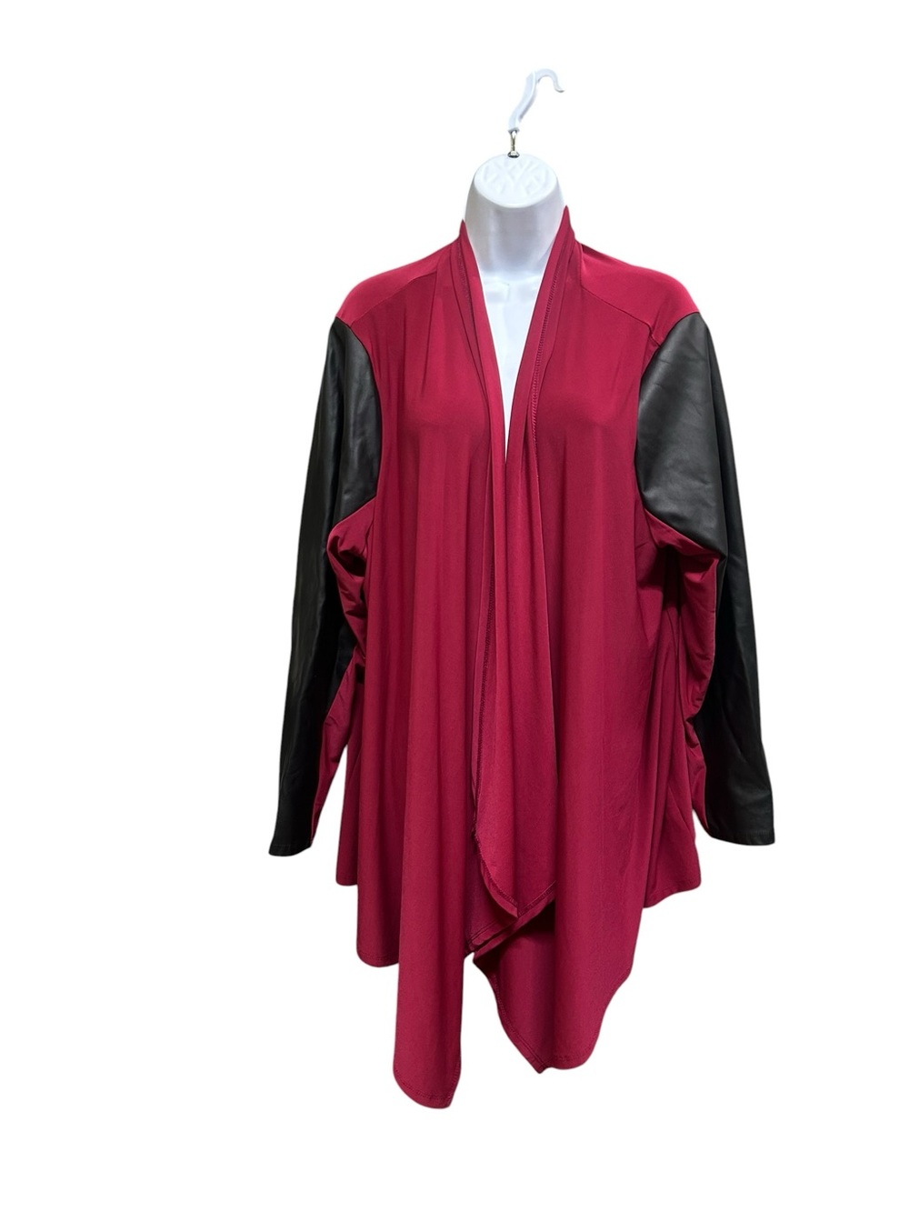 Joan Rivers Luxe Mulberry Waterfall Cardigan Faux Leather Sleeves 2X